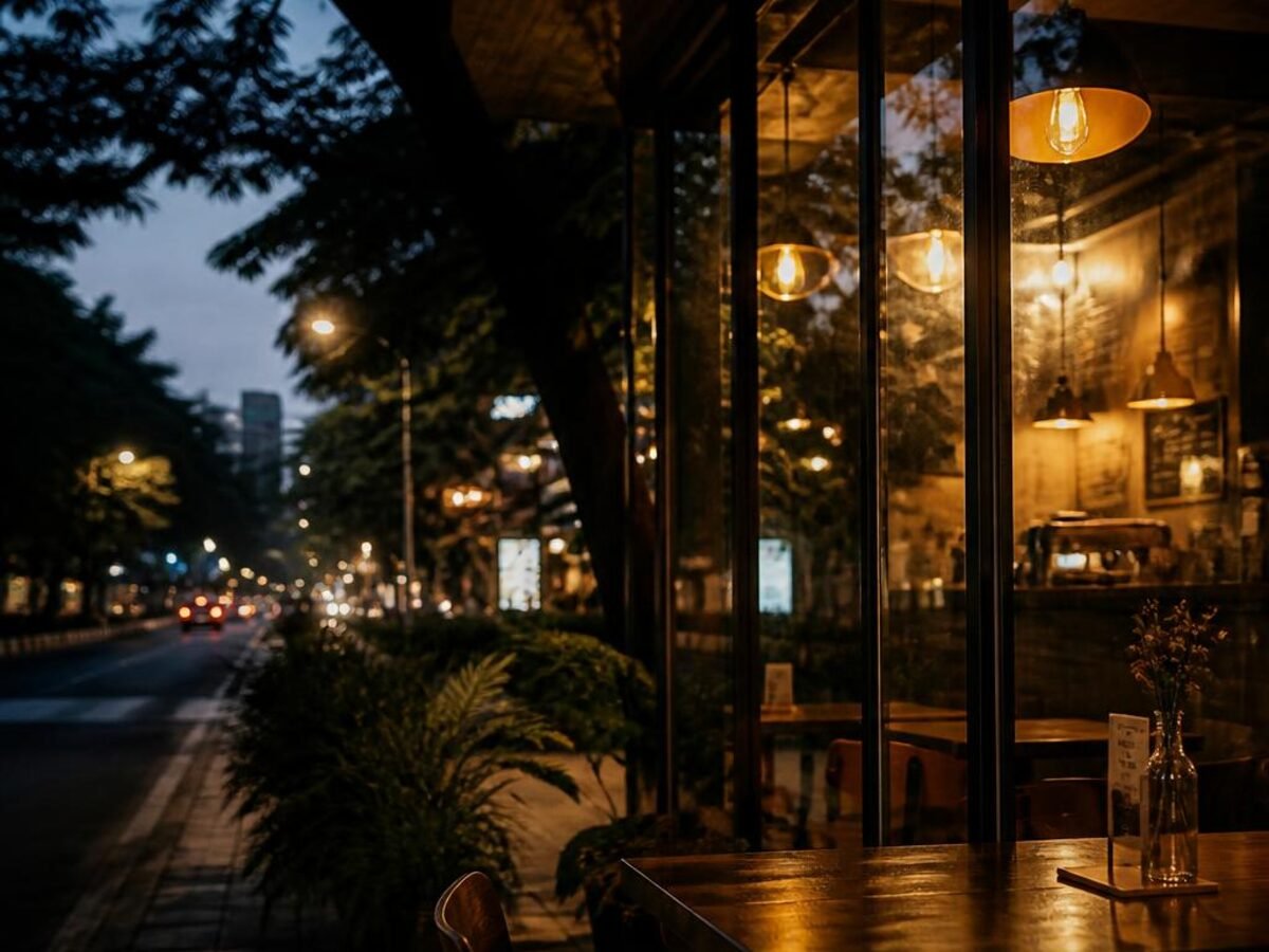 The café glowing after dark from the street